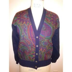 Vintage RALPH LAUREN Navy Blue 100% Wool & Paisley Print Cardigan Sweater M